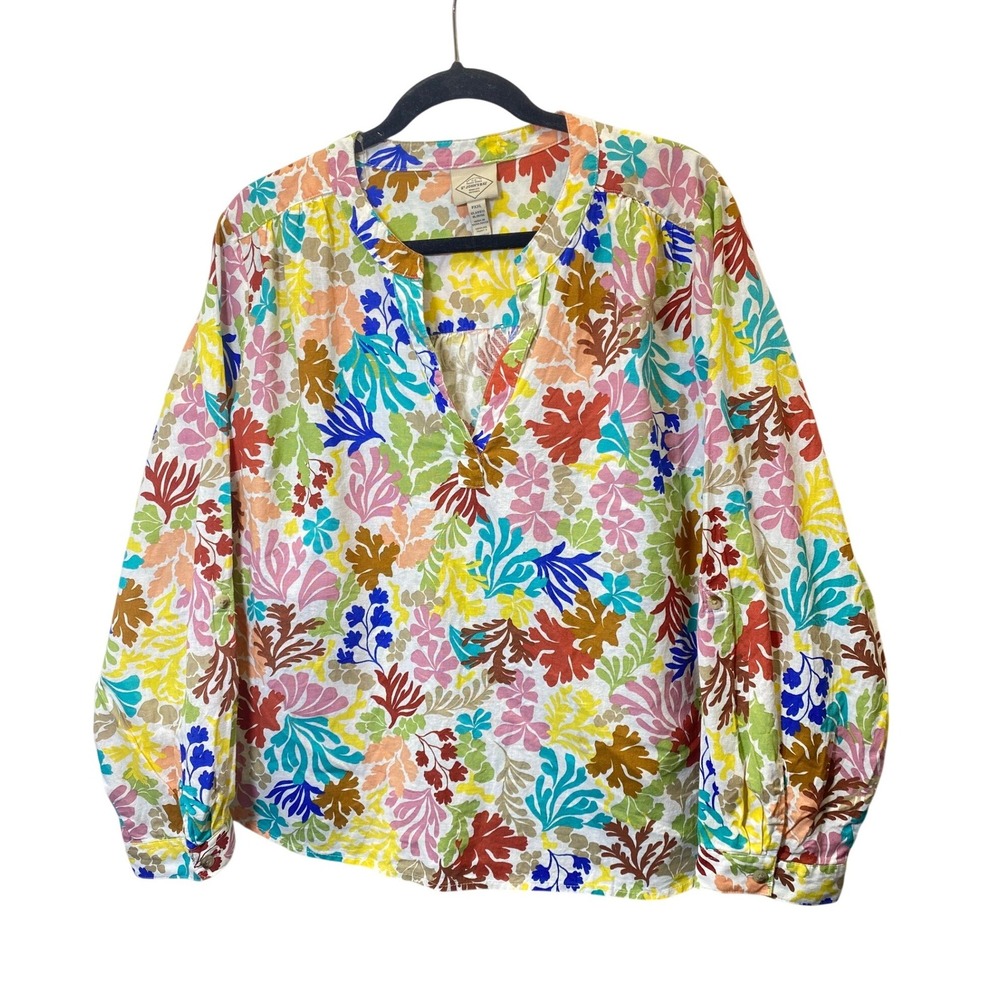 St John's Bay Blouse Women PXXL White Floral Cotton Linen Roll Tab Sleeve Top